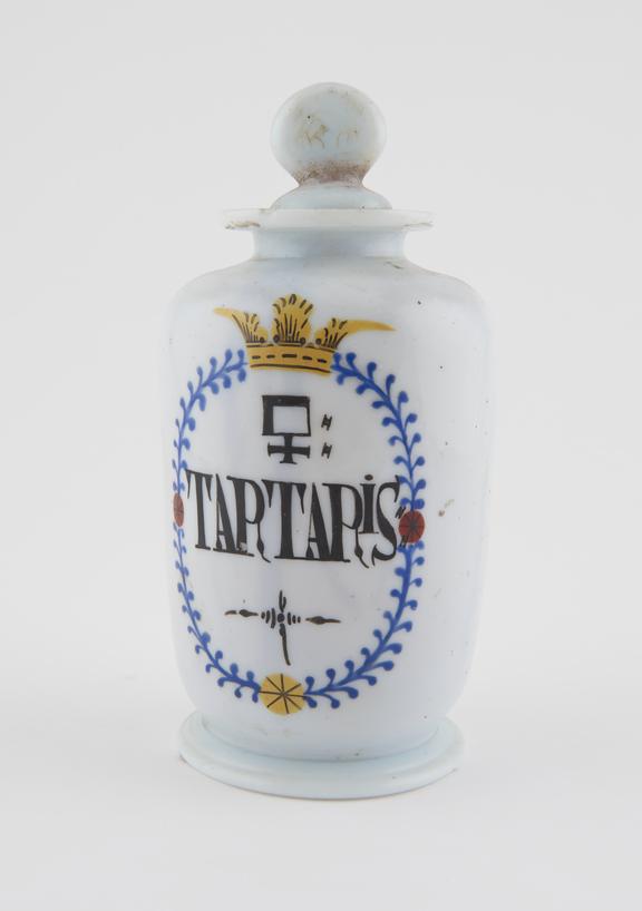 Glass drug jar, opaque white, inscribed TARTARIS:'