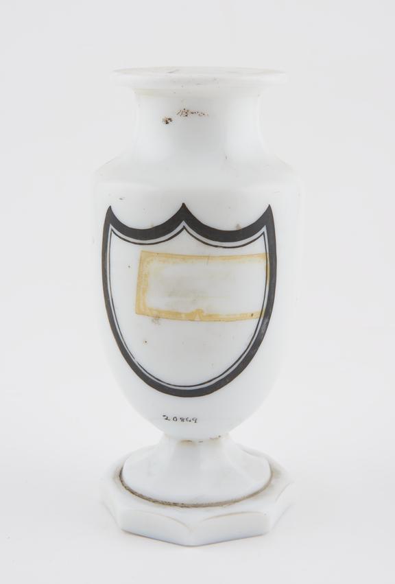 Glass drug jar, white opaque, inscribed PULV: CHAMOMIL'