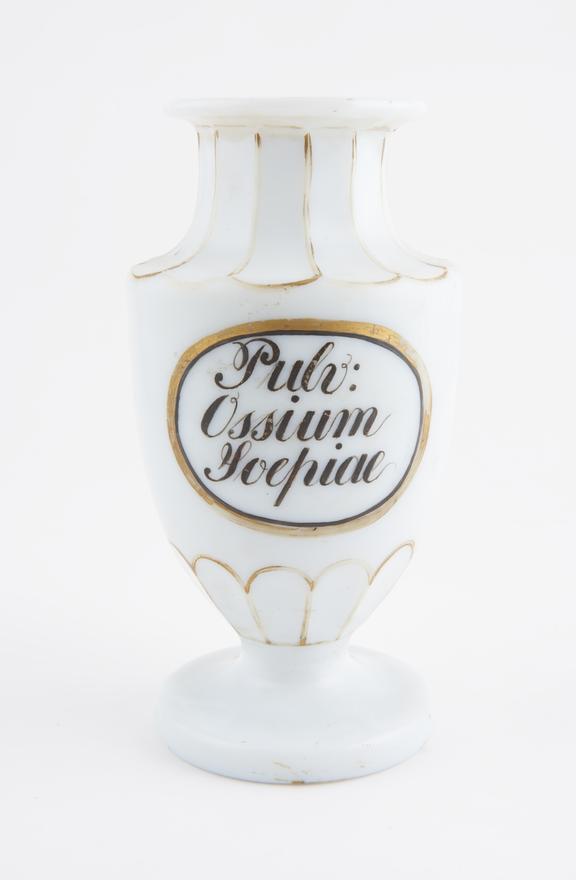 Glass drug jar, opaque white, inscribed Pulv.Ossium Soepiae''