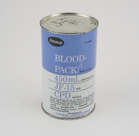 Canned blood collection packs by Fenwal USA, circa 1970