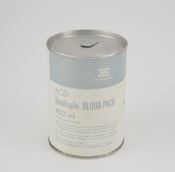 Canned blood collection packs by Fenwal Belgium.   Quadruple