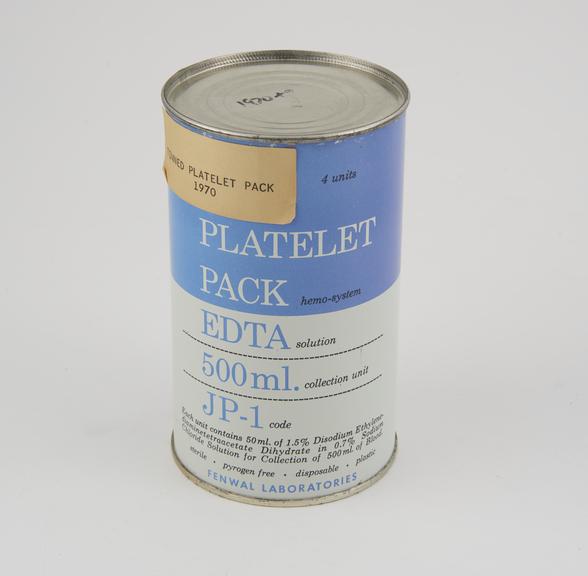 Canned blood platelet collection packs by Fenwal USA, 1970