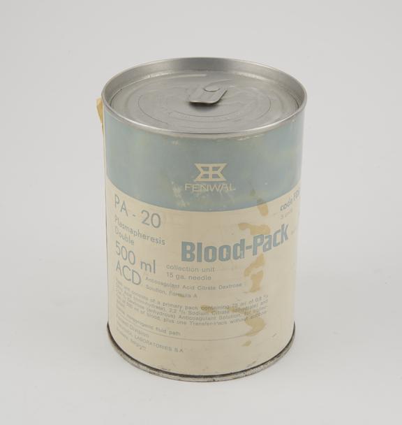 Canned blood collection packs by Fenwal Belgium.  Solution ACD