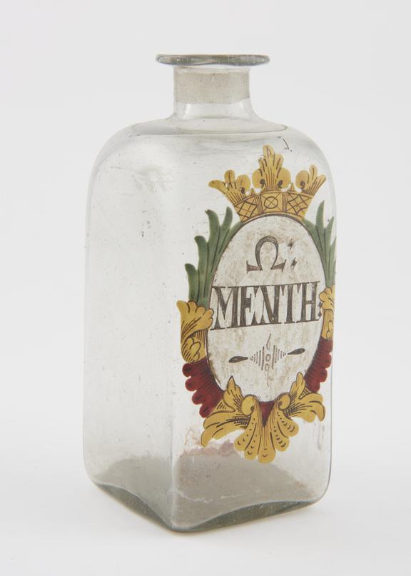 Bottle with painted inscription, for mint