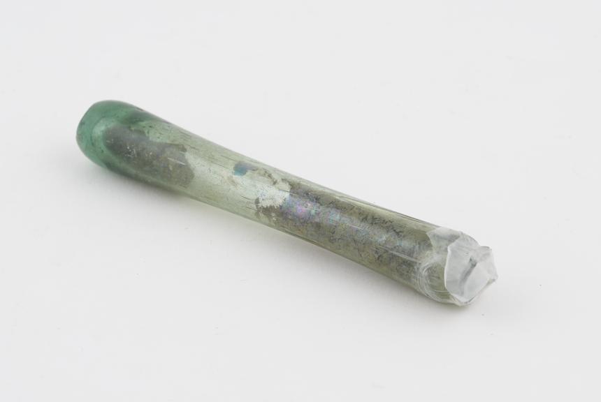 Iridescent green glass phial, hand blown, English, 1600 to 1800