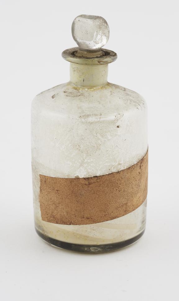 Bottle, shop round, clear glass, used for unidentified drug