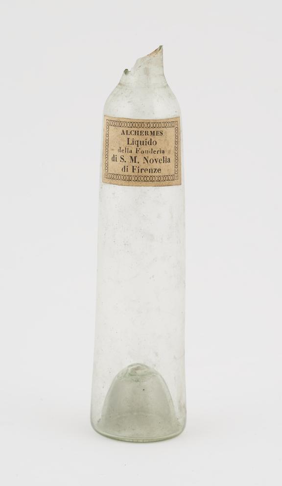 Green glass bottle for a chemical liquid, conical shape