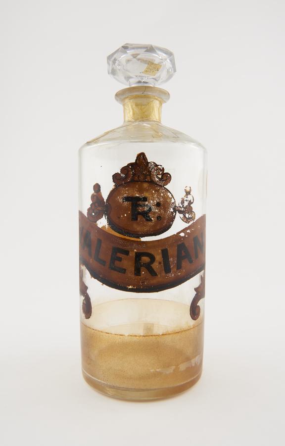 Bottle, clear glass, trace contents, for tincture of valerian