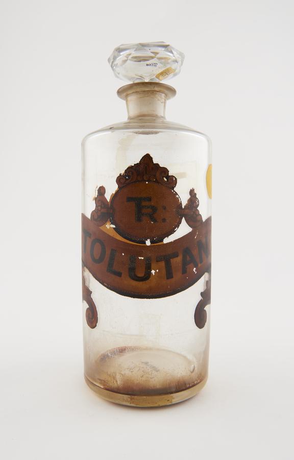 Bottle, clear glass with contents, for tincture of tolu balsam