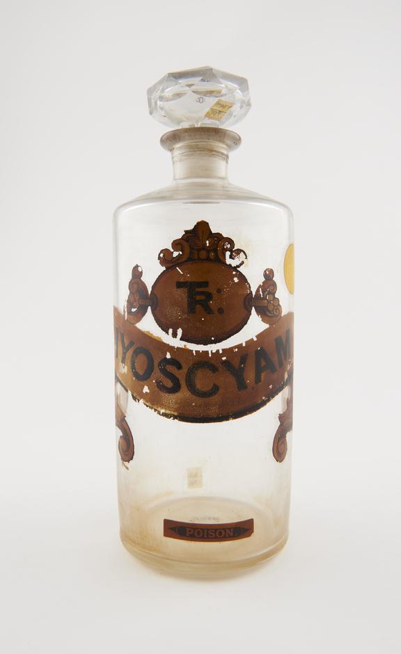 Bottle, clear glass, with contents for tincture of hyoscyamus