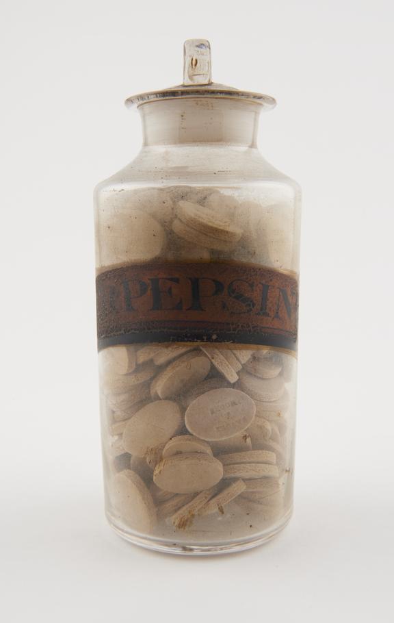 Bottle, clear glass, with contents, for pepsin tablets, English