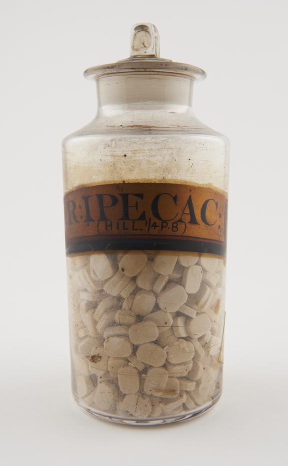 Bottle, clear glass, with contents, for ipecacuanha tablets