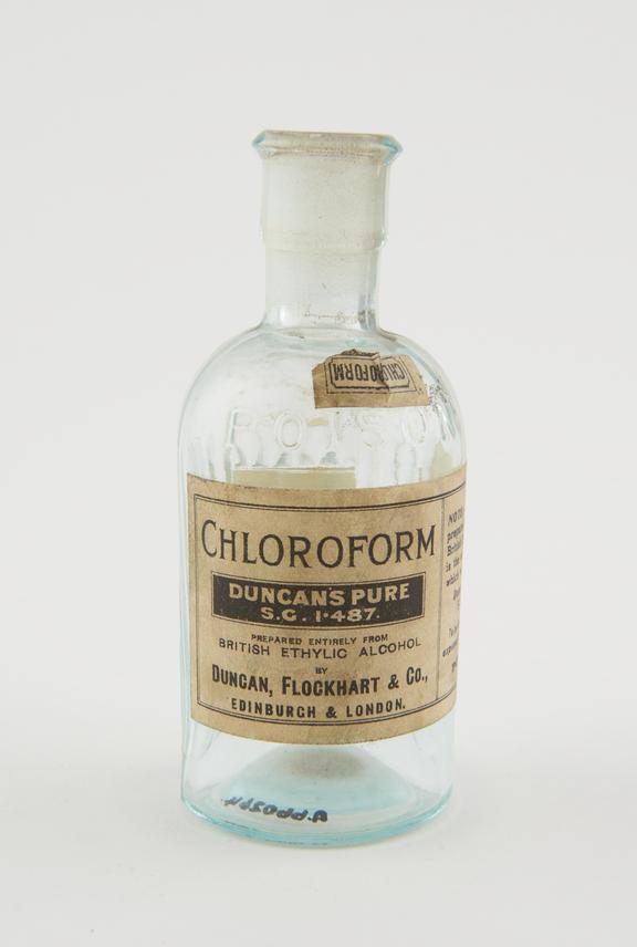 Clear glass poison bottle, labelled Chloroform', by Duncan