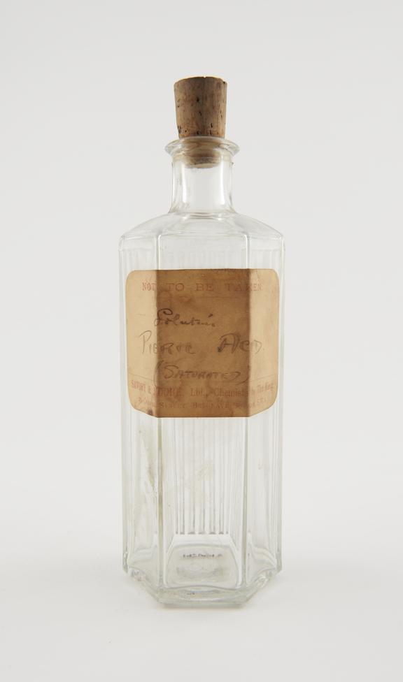 Glass hexagonal poison bottle, labelled 'Picric Acid'