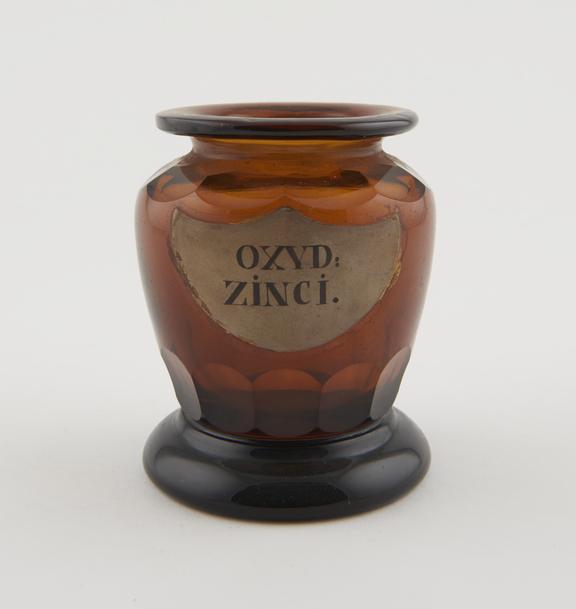 Glass drug jar with painted inscription, for zinc oxide