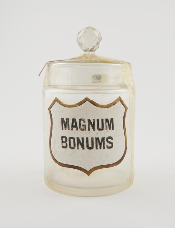 Storage jar, clear glass, empty, originally for magnum bonums