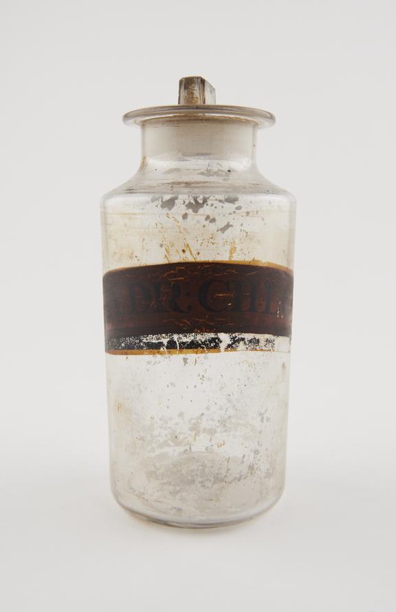 Bottle, clear glass, with contents, for mercurous chloride