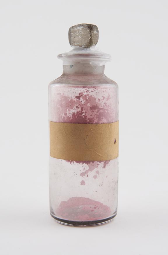 Bottle, shop round, clear glass, used for unidentified drug