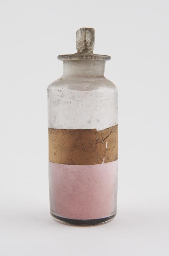 Bottle, shop round, clear glass, used for unidentified drug