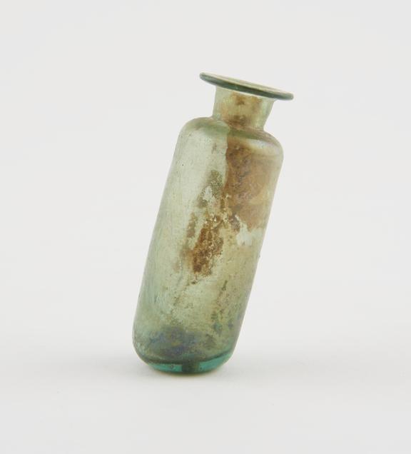 Small green glass bottle, iridescent, pontil mark, hand blown