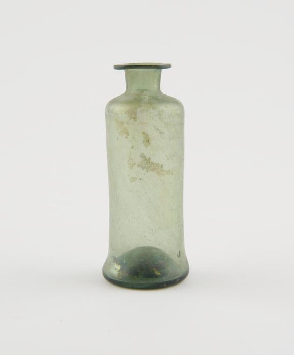 Semi-iridescent glass bottle, cylindrical, pontil mark on base