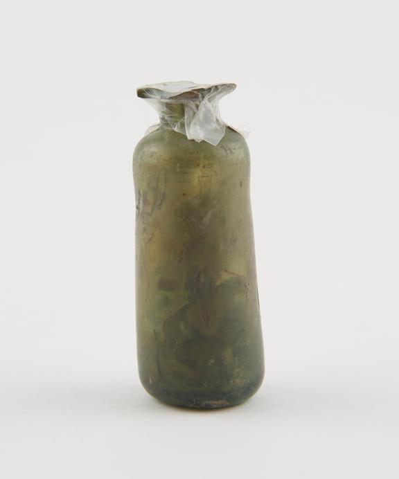 Green glass bottle, cylindrical with pontil mark, hand blown