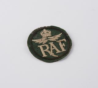 Badge, cloth, circular, inscribed: 'RAF', worn by a Royal Aircraft Factory person