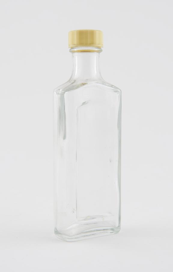 Bottle, shop round, clear glass, unlabelled, empty, with cap