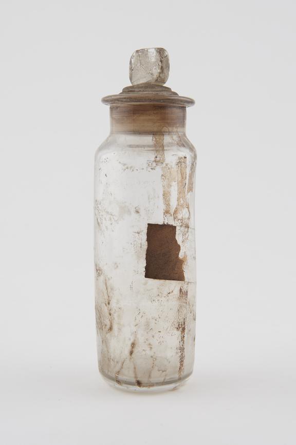 Pharmacy bottle, clear glass, empty, English, 1840-1900