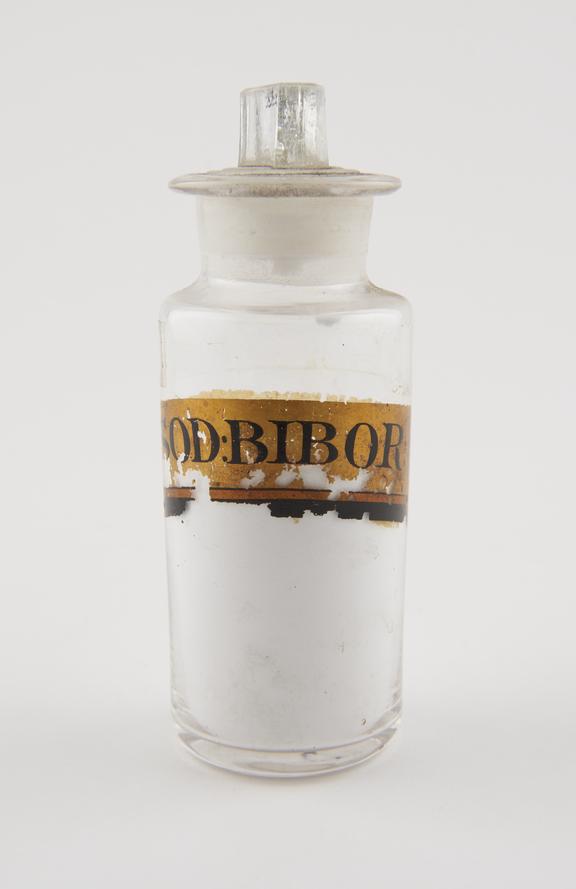 Bottle, clear glass, with contents, for borax, late 19th century