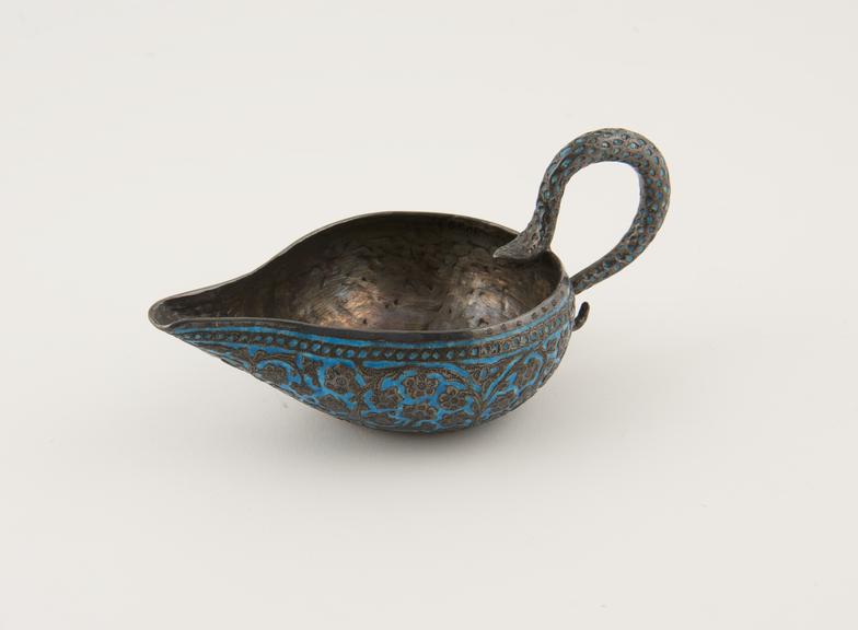 Enamelled brass or silver pap boat or juglet, unsigned, Persian