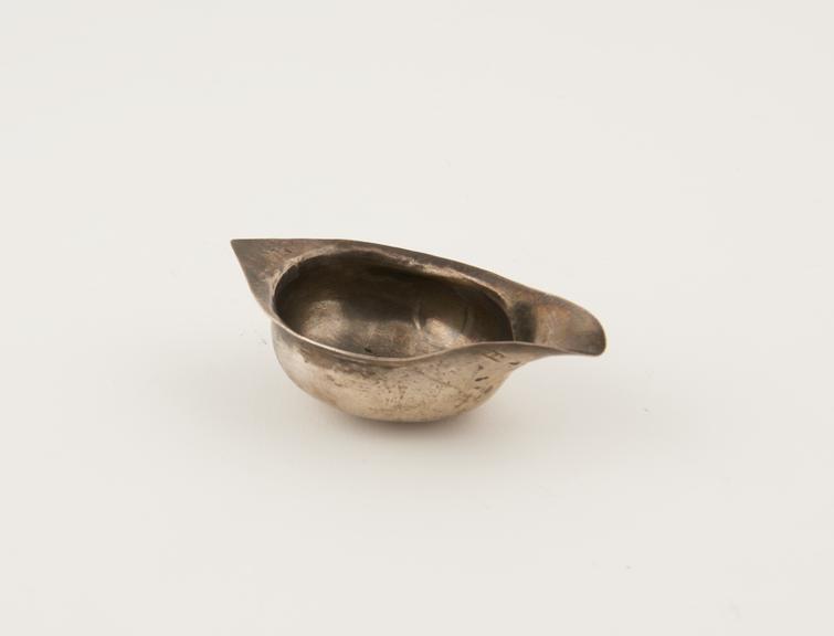 Silver pap boat, made by John Moore, London, England, 1790.