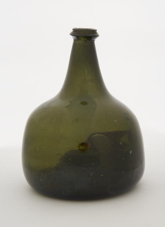 Dark green glass wine bottle, kick-up pontil mark, bulbous body