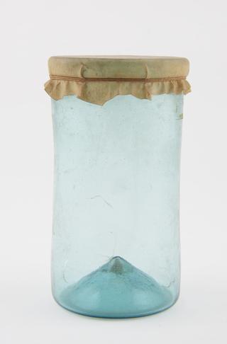 Glass drug jar with parchment cover