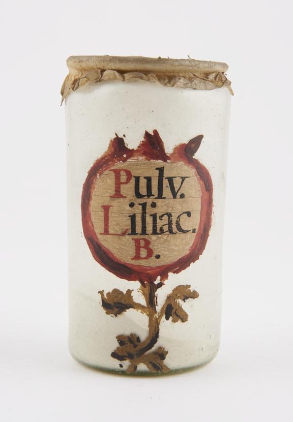 Glass drug jar, cylindrical, parchment cover, labelled, PULV