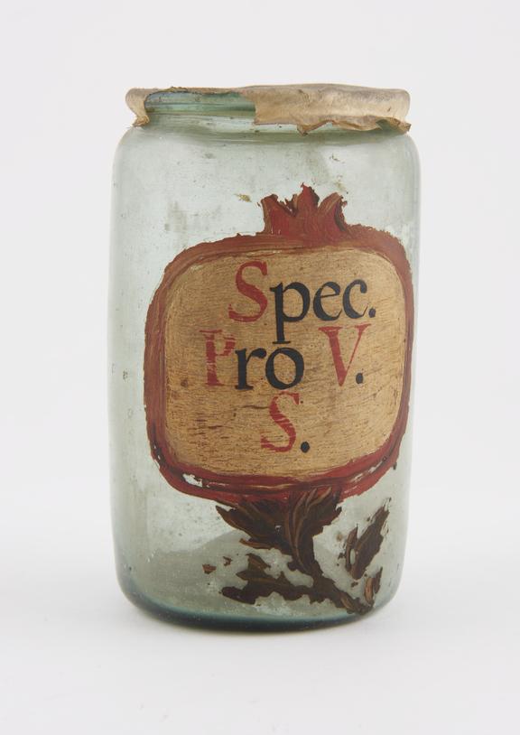 Glass drug jar, with parchment lid, labelled SPEC. PRO V.S