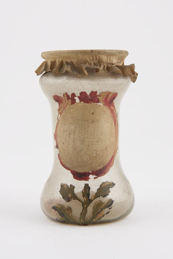 Glass albarello, covered with parchment, Spanish