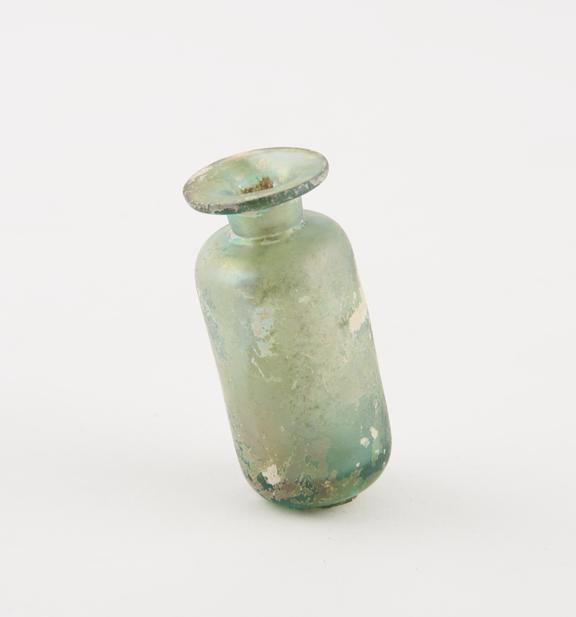 Iridescent glass bottle, cylindrical, pontil mark on base