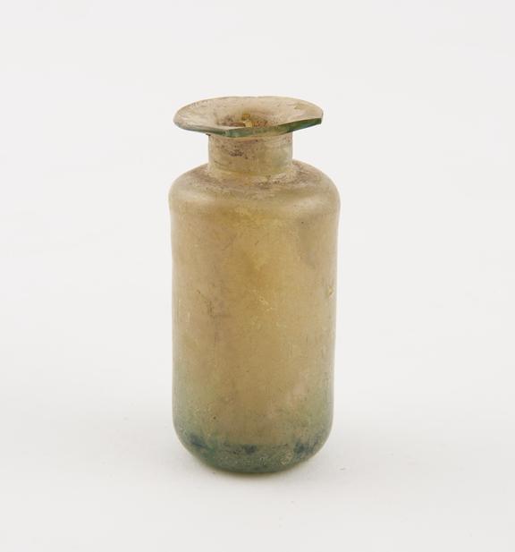 Iridescent glass bottle, green, cylindrical