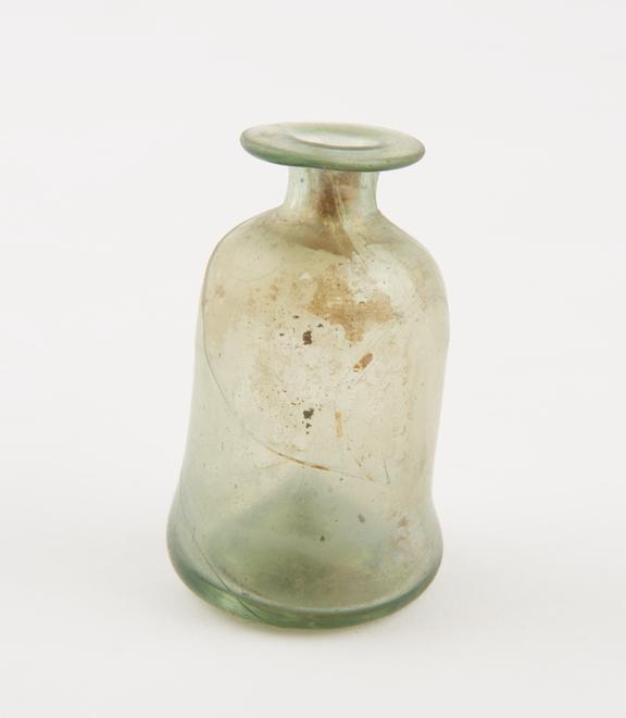 Iridescent glass bottle, green, bell-shaped body