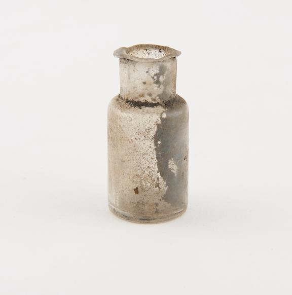 Glass bottle, small, cylindrical, found in London