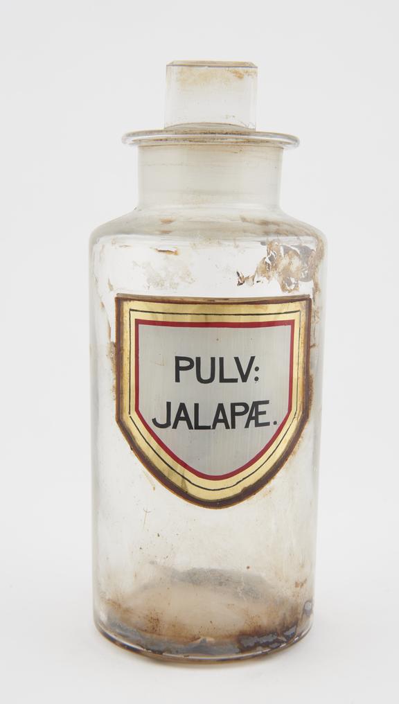 Shop round, glass-fronted label PULV: JALAPAE (Jalap powder)