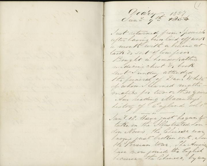 Sixth front flyleaf and page 1 of Jeremiah Head's diary