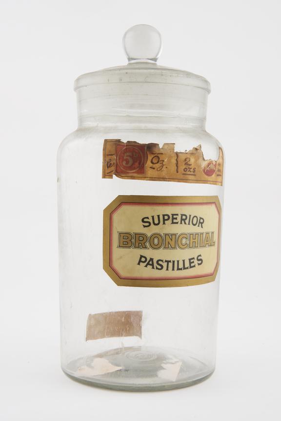 Clear glass pharmacy show jar, jor Bronchial pastilles, English