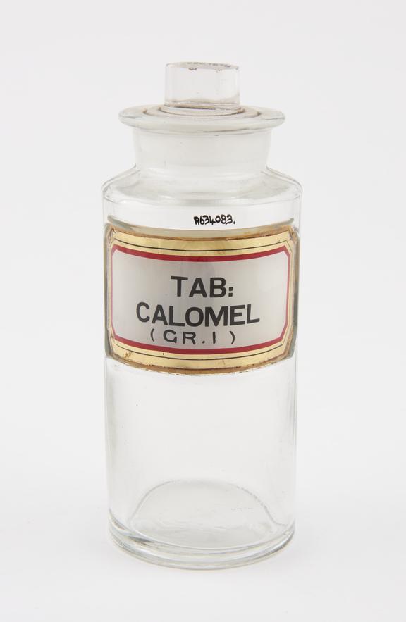 Bottle, clear glass, empty, for calomel tablets, English