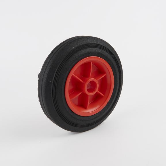 Wheelie bin wheel, one of two, with red hubs