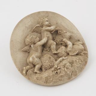 Hand carved plaque, ivory coloured Parkesine