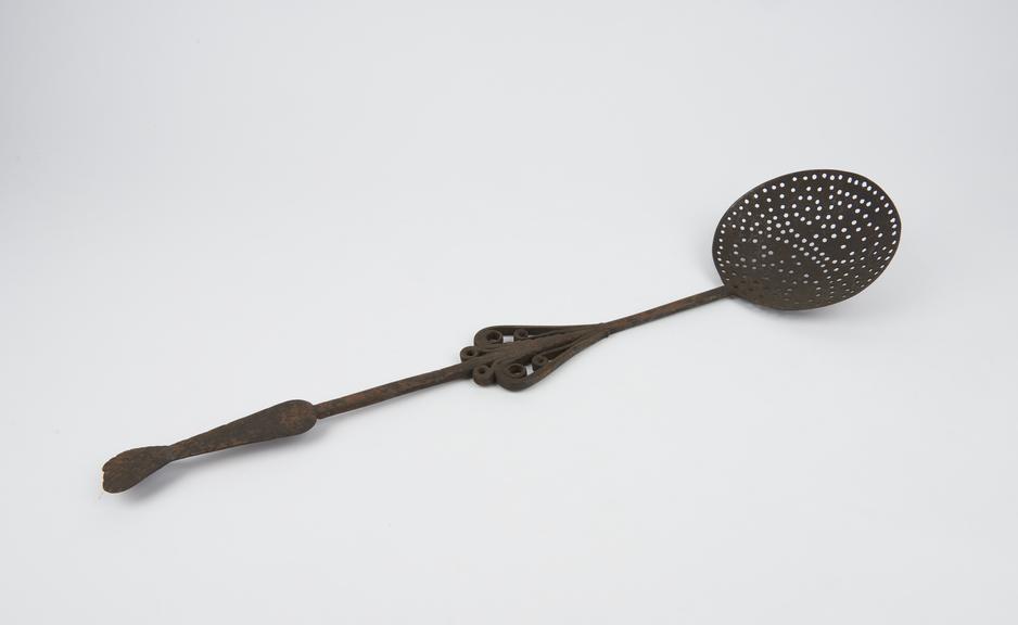 Spoon, ornate, perforated bowl, iron, C16 to C19, European