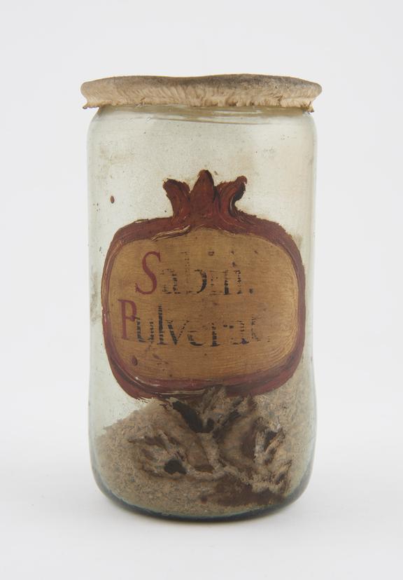 Glass drug jar, with parchment lid