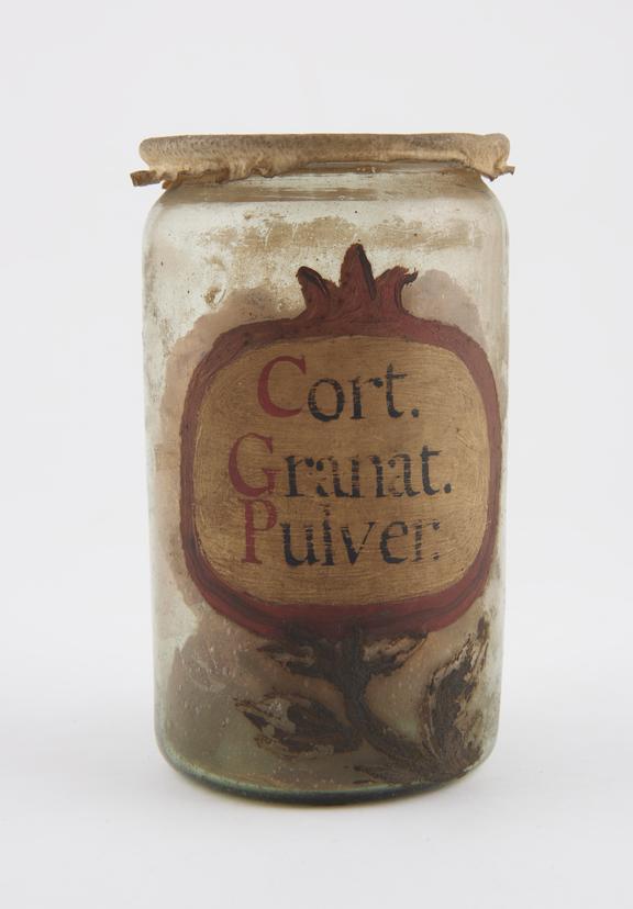 Glass drug jar, with parchment lid